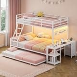 Twin Over Full Bunk Bed with Trundle, RGB LED Lights & Power Outlet, Metal Triple Bunk Beds with Desk, 3 Drawers, Guardrail & Padded Ladder, Space-Saving 3 Bed Frame for Teens, White