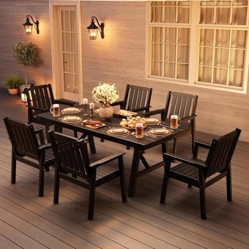Takywep 7-Piece Outdoor Dining Set for 6 People, HDPE All Weather Patio Furniture with Large Table Umbrella Hole, Modern Armless Chairs for Backyard Garden Deck, Black