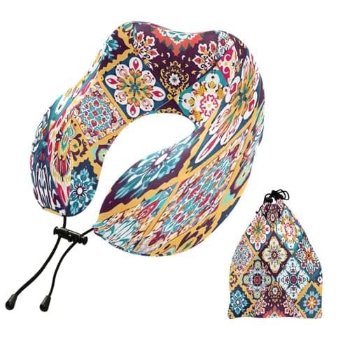 Nesatuwa Mexican Ceramic Tile Travel Pillow Portable Soft Memory Foam Neck Support Airplane Pillow with Adjustable Clasp