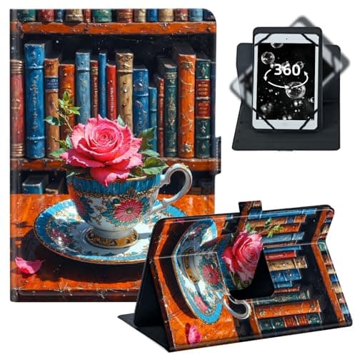 BREIDMKFM Tablet Case for iPad Pro 11/Samsung Tab S9 11-10.5-11.5 Inch PU Leather Folio with 360 Rotating Stand,Fit for Fire Max 11/iPad 10th Gen,﻿Coffee Cup Bookshelf
