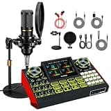 Podcast Microphone Bundle with Live Sound Card Audio Mixer, Podcast Equipment Bundle Sound Board with 3.5mm Condenser Microphone for Pc/Phone Live Streaming Singing Gaming,Voice Changer, Denoise