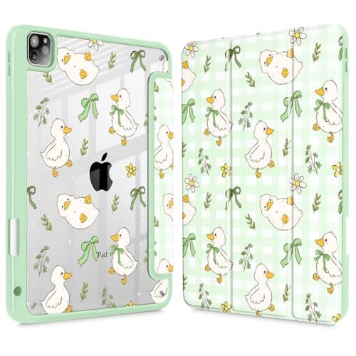 Lepeoac Case for iPad 12.9 Inch (6th/5th/4th/3rd Generation, 2022/2021/2020/2018), Pencel Holder + Trifold Support Auto Sleep/Wake, Transparent Shockproof Back Cover, Duck & Bow Green