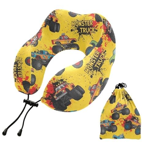 Emelivor Monster Truck Orange Print Travel Pillow Memory Foam Neck Pillow with Storage Bag Portable Neck Support Pillows for Airplane Sleeping Car Plane Train Home Office Travel Accessories