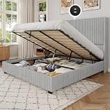 UNIQUITE King Size Lift Up Storage Bed Frame with 51 Inch Tall Wingback Headboard, Corduroy Upholstered Platform Bed with Hydraulic Storage, 2 USB Ports, No Box Spring Needed, Noise-Free, Light Grey