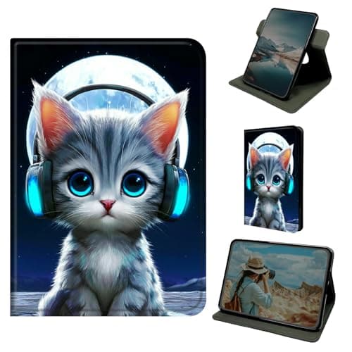 Dikoer for Samsung Tab A11 Plus 2026/Galaxy Tab A9 Plus 11 Inch 2024 Case, 360 Degree Rotating Stand Smart Folio Protective Cover with Auto Sleep/Wake for Women Men, Earphones Cat Moon