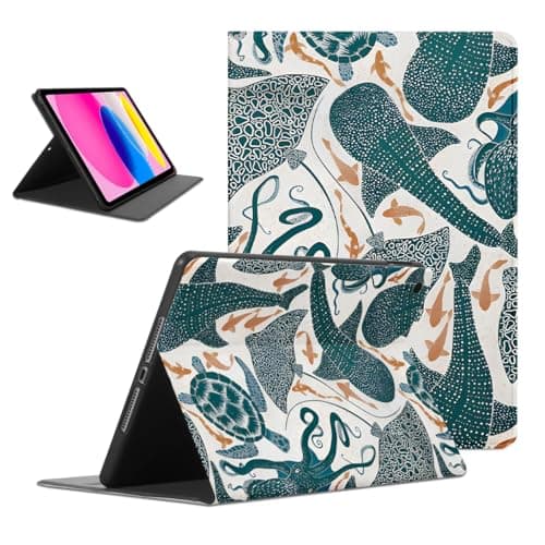 Aesthetic Whale shark Sea Turtle Tablet Case for iPad Air 5th/4th 2022/2020 10.9"/Air 11(M3 2025/M2 2024) 11", Summer Beach Stingray Pattern Cover for Girl Boy, Soft TPU Protective PU Flip Holder Case