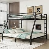 Brevillo Queen Over King Bunk Bed, Heavy-Duty Metal Frame with Dual Ladders and Guardrails, Space-Saving Design with 9.8 Inch Under-Bed Storage, Noise-Reduced, No Box Spring Needed,Black