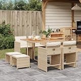 NKOPPFG 9 Piece Beige Poly Rattan Outdoor Dining Set with Cushions, Folding Chairs and Acacia Wood Table for Patio Garden