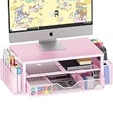 OPNICE Desk Organizers and Accessories, 2-Tier Computer Monitor Stand Riser with Drawer and 2 Pen Holders, Laptop Stand, Office Desk Accessories & Office Decor for Women, Pink