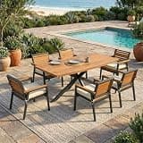 Outdoor 7-Piece Iron Frame Dining Table Set with 6 Chairs for Patio, Garden (Beige)