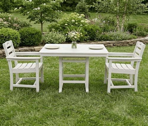 Spollowe 3 Piece White HDPE Outdoor Patio Dining Set with Square Table and 2 Armchairs for Garden Deck