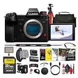 Panasonic Lumix S1H Full Frame Digital Mirrorless Video Camera (DC-S1HBODY) + 128GB Memory Card + LED Light + Photography Software + Camera Bag + Flexible Tripod + Cleaning Kit + HDMI Cable + More