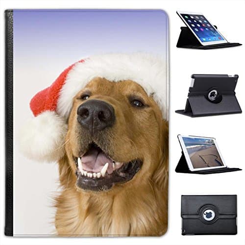 Golden Retriever Dog with Christmas Hat for Apple iPad AIR 2013 Version Faux Leather Folio Presenter Case Cover Bag with Stand Capability