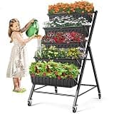 SEJOV 4FT Vertical Raised Garden Bed, 5-Tier Vertical Garden Planter with Drainage System, Larger Elevated Planter Box for Herb Vegetables Flowers Indoor Outdoor Planters (Black with Lockable Wheels)