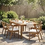 THINK 30 Acacia Wood Outdoor Dining Sets 7 Pieces with Cream Cushions,Modern 6 Chairs & 1 Large Table,Dining Furniture Set for Lawn, Backyard, Garden Deck,Poolside,Teak