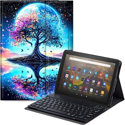 Qindaiwen Keyboard Case for All-New Amazon Fire HD 8/8 Plus (12th Generation/10th Generation, 2024/2022/2020 Release), PU Leather Stand Cover with Detachable Bluetooth Keyboard, Blue Tree