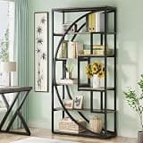 LOVEZOE 6 Tier Geometric Bookshelf, 8 Open Shelves Tall Bookcase for Home Office Living Room, Gray Wood and Black Metal Frame, Space Saving Design