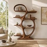PREAUREUM Sculptural Wooden Bookcase, Modern Organic Display Shelf with Curved Open Storage for Living Room, Office & Reading Nook