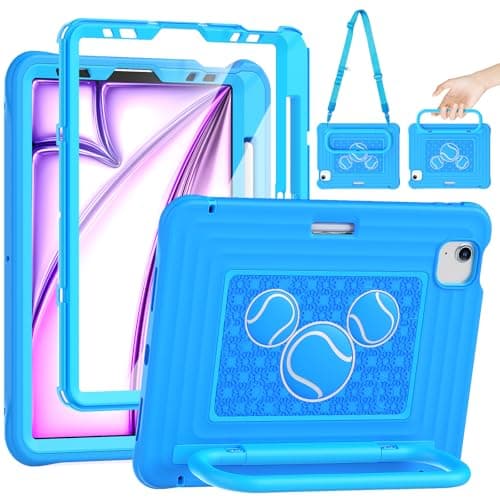 HXCASEAC Case for iPad Air 11 inch M4 M3 M2 (2026 2025 2024), Cute & Shockproof with Pencil Holder, Screen Protector, Shoulder Strap, Handle Stand, Drop Proof iPad Air 11 Case Kids, Boys — Sky Blue