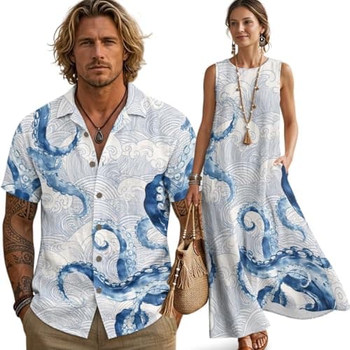 YECARYPOD Octopus Couple Matching Hawaiian Outfits Men T-Shirts and Sleeveless Sundresses Dress for Women Couples Button Down Shirts Soft Summer Beach Party Dress His Her Couple Travel Outfit