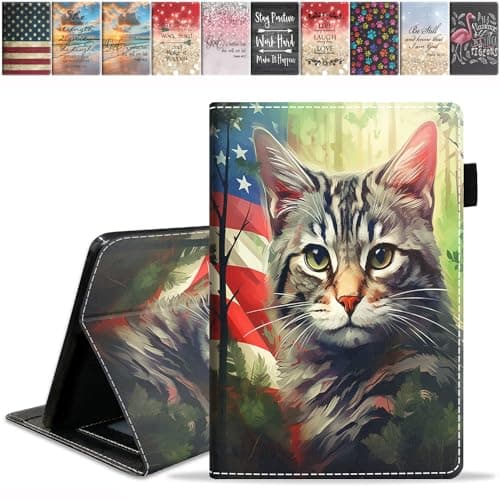 FQTBCEARI Designed Case for All-New Amazon Kindle Fire 7 Tablet (7", 12th Generation, 2022 Release), Slim PU Leather Cover with Card Slot & Auto Wake/Sleep, American Flag Cat