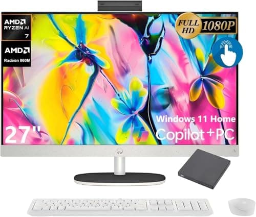HP 27" FHD All-in-One Touchscreen PC, AMD Ryzen AI 7 350, 32GB DDR5, 2TB PCIe SSD, Includes Wireless Keyboard & Mouse + External 9H 6-in-1 DVD Drive, Windows 11 Home, White