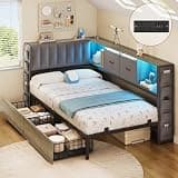 MapleGrace Twin Corner Bed Frame with Upholstered Storage Headboard and Drawers, Metal Platform Bed Frame with LED Light and Charging Station, Twin Daybed for Living Room, Bedroom & Guest Room, Gray