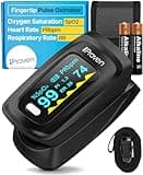 iProven Pulse Oximeter Fingertip, Blood Oxygen Saturation Monitor, Pulse Rate & Respiratory Rate Monitor, Finger Oximeter O2 Monitor with Batteries, Case & Lanyard Included, OXI-27