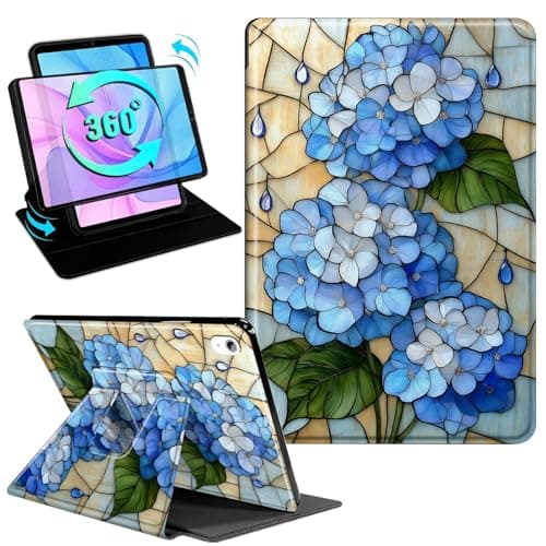 Gmeyutqy Case for iPad A16 11th Generation 11 Inch 2025 and iPad 10th Generation 10.9 Inch 2022, 360 Degree Rotating Swivel Stand Flip Cover with Auto Sleep/Wake, Blue Hydrangea Stained Glass