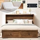 AMERLIFE Queen Murphy Bed Cabinet with 6" Tri-Fold Memory Foam Mattress, Storage Drawer & Charging Station, Space-Saving Guest Bed for Home Office, Barnwood