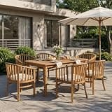 Christopher Knight Home Alma Acacia Wood Dining Table Set for 6, 7 Piece Patio Extendable Dining Table and Dining Chairs Set of 6 with Open Slat Design & Cushions, Patio Furniture Set, Teak + Cream