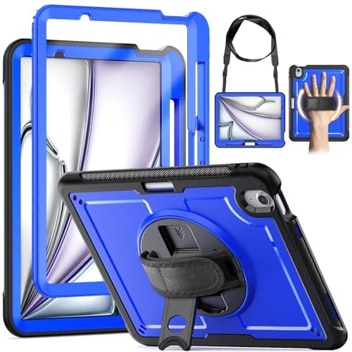 KAIJIAbox Case for iPad Air 11 Inch 2026/2025/2024(M4 / M3 / M2), Full-Body Shockproof Case with Screen Protector, 360° Rotating Hand Strap & Stand, Shoulder Strap for iPad Air 11", Blue