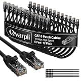 Cat6 Ethernet Cables (6 FT, 12 Pack), Pure Copper Cat6 Patch Cable, High Speed 10Gbps, Short Cat 6 Data Center Cord, Snagless RJ45 Internet Network Cable, Router, Server, Switch, 25 Zip Ties, Black
