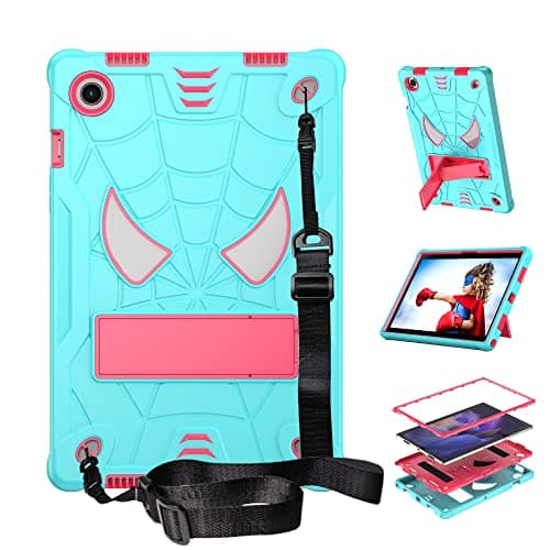 Tablet Protective Case Cover Tablet Children's Case For Galaxy Tab A8 10.5" X200 / X205 (2021),Protective Cover Shockproof and Resistant Case with Built-in Holder+Shoulder Strap(Aqua+rosered)