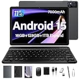 11 Inch-Android 15 Tablet 2026 Latest Update 16GB RAM 128GB ROM 1TB Expandion 5G WiFi Cellular 21MP Dual Camera Octa-core MTK8786.Gemini AI 2.0.Tablets with Keyboard,Mouse,protective film,Case-Gray
