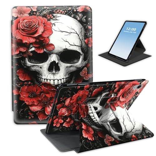 HGGJFLYX for iPad Air 13 Inch Case M3(2025)/M2(2024),360 Degree Rotating Multi-Angle Viewing Stand Cover 12.9" for iPad Pro 2022/2021/2020,Auto Sleep/Wake,Red Rose Skull