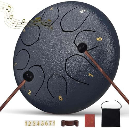 Rain Drum for Outside Garden, 6 Inches 8 Notes Steel Tongue Chakra Drums, Waterproof Echo Rain Chime Meditation Drums, Musical Instruments for Adult Gift with Bag, Music Book, Drum Mallets (Navy Blue)