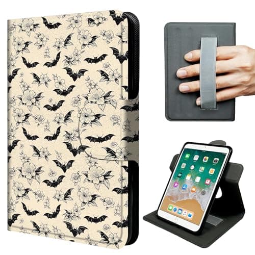 JNFBWULO iPad 9.7 Case (2018 6th Gen / 2017 5th Gen), 360° Rotating Stand with Hand Strap, Vertical & Horizontal Viewing, Auto Sleep Wake - Floral Bats