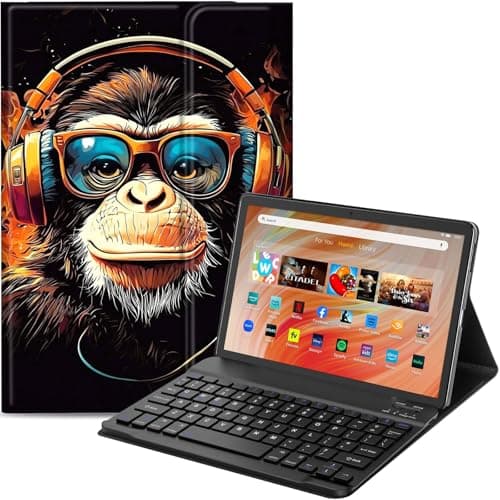 Qindaiwen Keyboard Case for Amazon Fire HD 10 Tablet (13th/11th Generation,2023/2021 Release) 10.1", PU Leather Stand Cover with Detachable Bluetooth Keyboard, Cartoon Monk