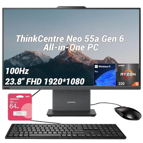 Lenovo ThinkCentre Neo 55a Gen 6 Business All-in-One, 23.8" FHD IPS 100Hz, AMD Ryzen 5 220 Up to 4.9 GHz, 64GB DDR5, 2TB SSD, Wired KB & Mouse, HDMI, 5MP Webcam, Wi-Fi 6, Windows 11 Pro, w/Bundle