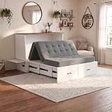 Garvee Murphy Bed with Storage & Charging Station, Farmhouse Cabinet Bed with Foldable Panel, Noiseless Hideaway Platform Bed for Living Room, Guest Bedroom, Home Office – White (with Gray Mattress)