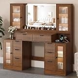 ANYMAPLE 55" Vanity Desk with Mirror & Lights, Fluted Makeup Vanity with 8 Drawers & 4 Cabinets, Tempered Glass Top, RGB Cabinet Lighting, 3-Color Dimmable Mirror, and Charging Station