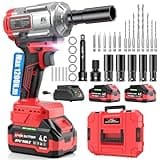 Eioehtl Cordless Impact Wrench 1200Nm, Impact Driver & Impact Drill 1/2" Brushless Power Tool with 2×4.0Ah Batteries, 5 Sockets, 8 Drill Bits, 5 Driver Bits, Extension Bar & Adapter for Car, Van & DIY