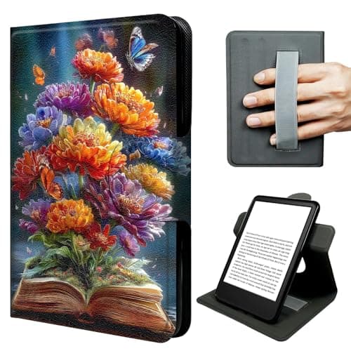 JNFBWULO Case for Kindle 11th Generation (6" Display, 2022 & 2024 Release, Basic Kindle), 360° Rotating Stand Cover with Hand Strap, Auto Sleep Wake Protective Folio - Blooming Book