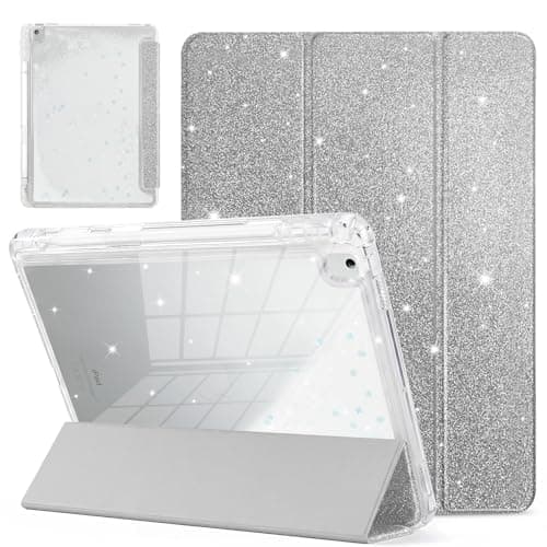 Aippdo Compatible with iPad 9th/8th/7th Generation 10.2 Inch Case 2021/2020/2019, Glitter Cute Cover with Clear Sparkly Sequined Quicksand Back, Pencil Holder, for Kids Girls Woman (Sliver)