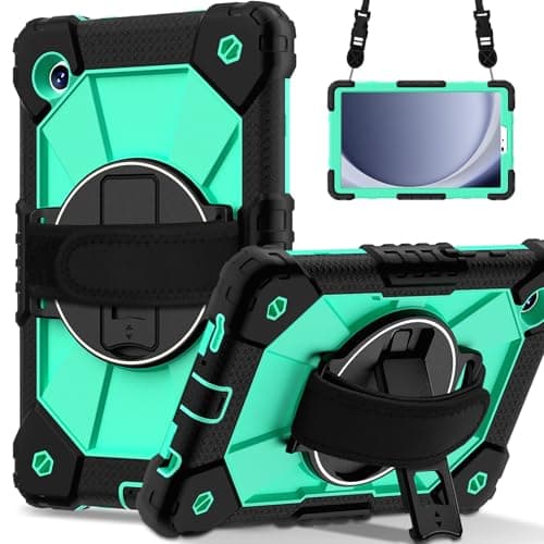 DXVTRKJM Case for Samsung Galaxy Tab A9+/A9 Plus Case 11" 2023,360° Rotating Stand Hand/Shoulder Strap &Shockproof Silicone and Hard PC. (Black+Mint Green)