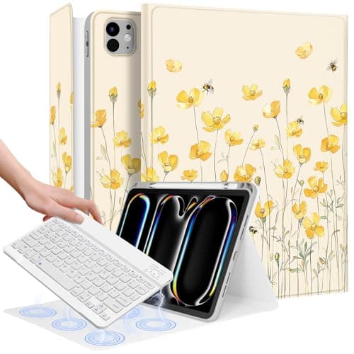 Wazzasoft for iPad Pro 11 inch Case with Keyboard M4 - Pencil Holder Folio Women Girls Cute Kawaii Unique Design for Apple Tablet Cover Pro 11 2024, Yellow Flower