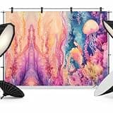 Orange Purple Ocean Backdrop 12x8ft Summer Jellyfish Corals Starfish Photography Backdrop Photoshoot Background Tapestry Banner for Birthday Baby Shower Decoration Party Video Photo Studio Props