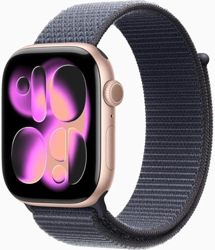 Apple Watch Series 11 [GPS, 46mm] Rose Gold Aluminum Case with Anchor Blue Sport Loop Band, One Size (Renewed Premium)