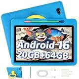 2026 Upgraded Android 16 Kids Tablet, 10 inch Tablet for Kids with 20GB RAM 64GB ROM 1TB Expand, 6000 mAh Battery, Parental Control, UKIDOZ Kids Space, Widevine L1 HD, Protective Case Pen（Blue）